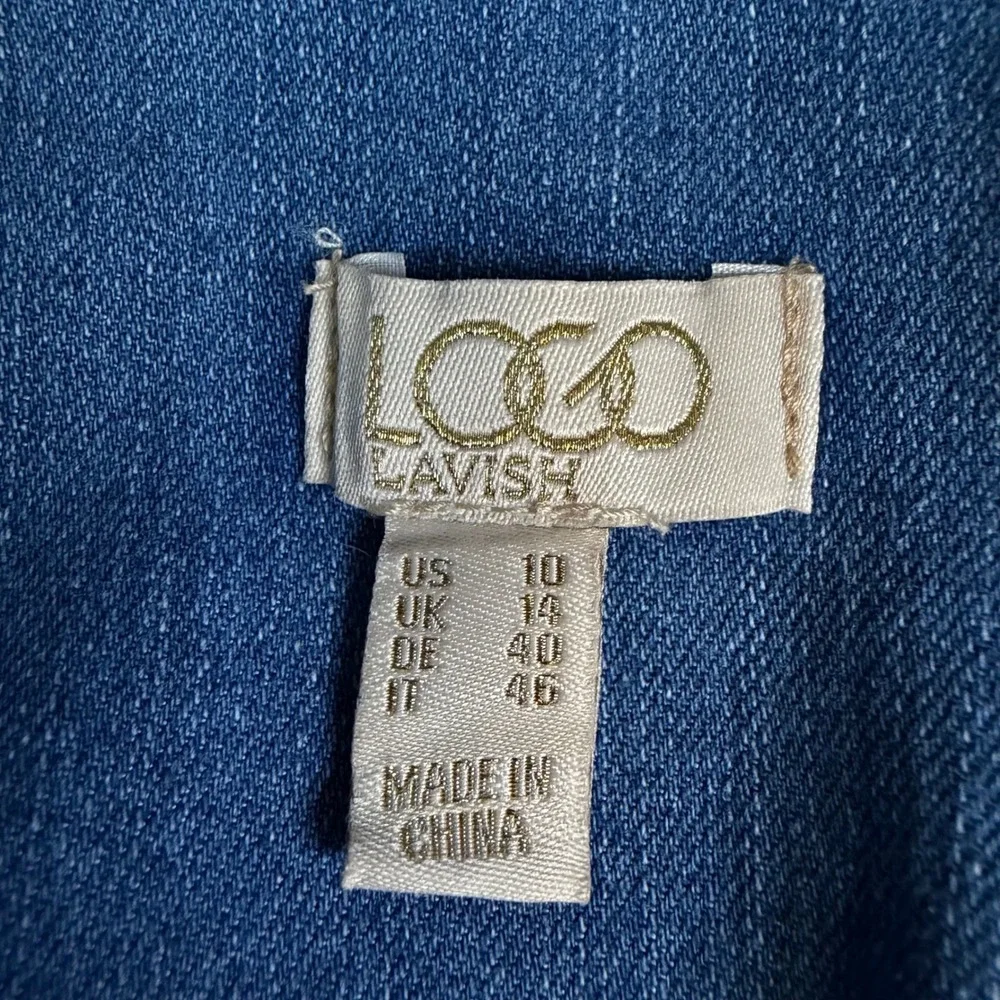 LOGO Lavish Denim Jacket Patchwork Mixed Media Button Up Trucker Boho 10